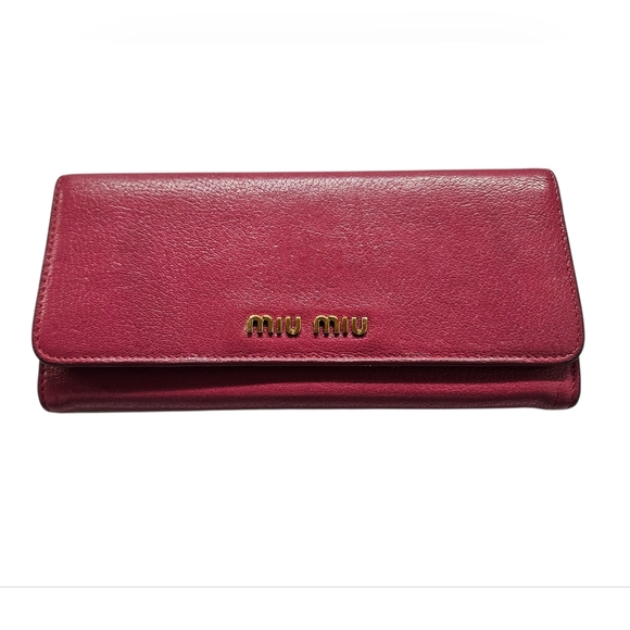 Miu Miu Portafoglio Pattina Flap Wallet In Madras Leather In Peony Pink - Picture 3 of 17